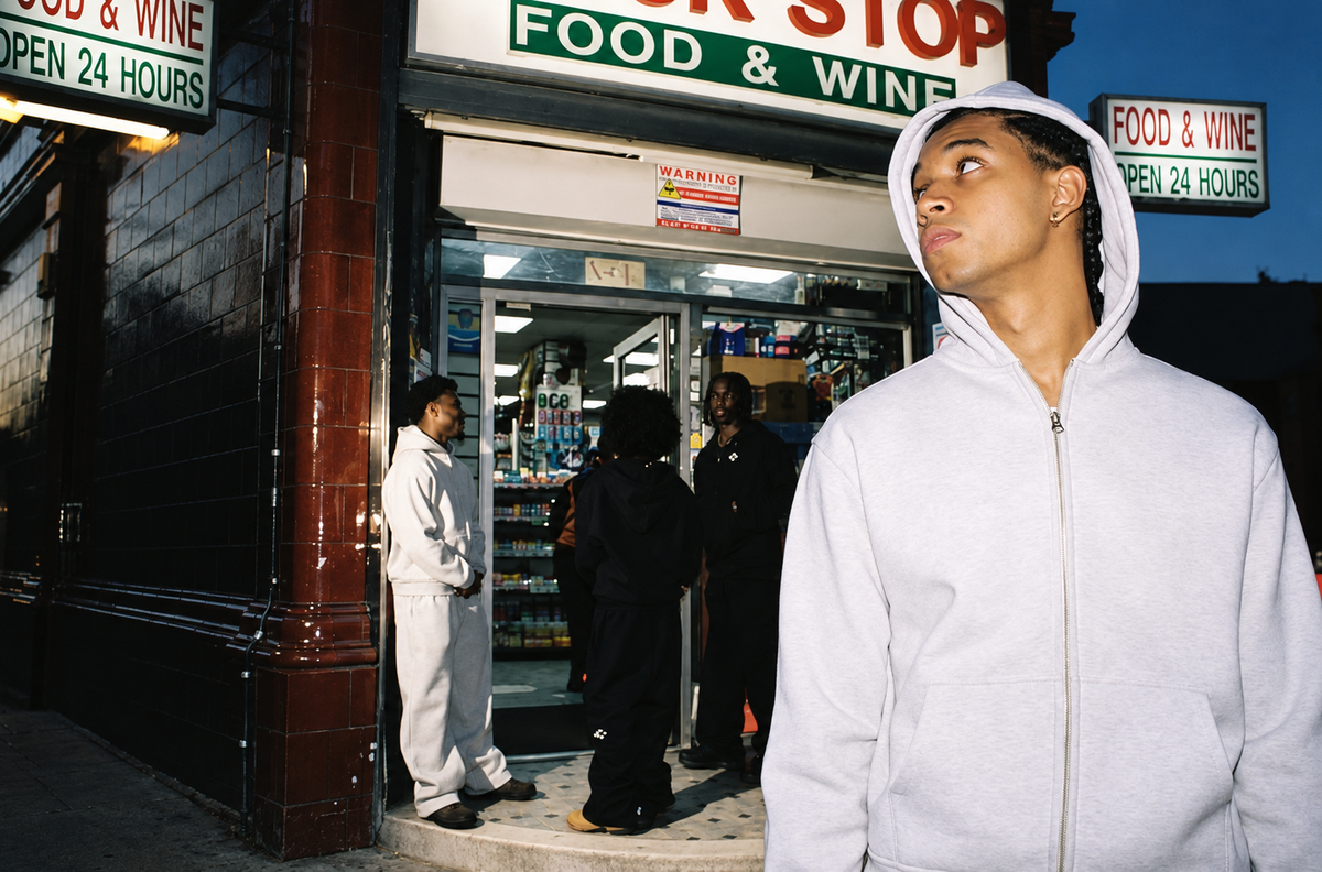 Model in a pale zip hoodie outside a convenience store at night.