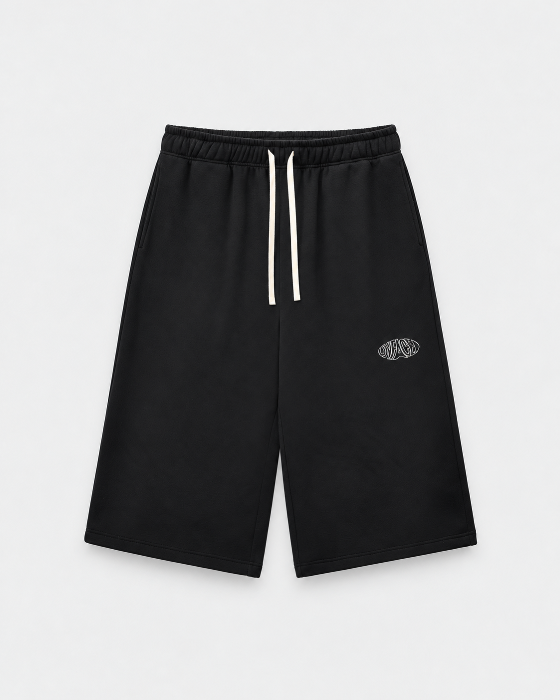 Relaxed Drawstring Three-quarter Sweatpants on light grey studio background
