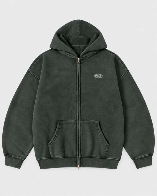 Unfaced Studios washed zip hoodie, front, on light grey