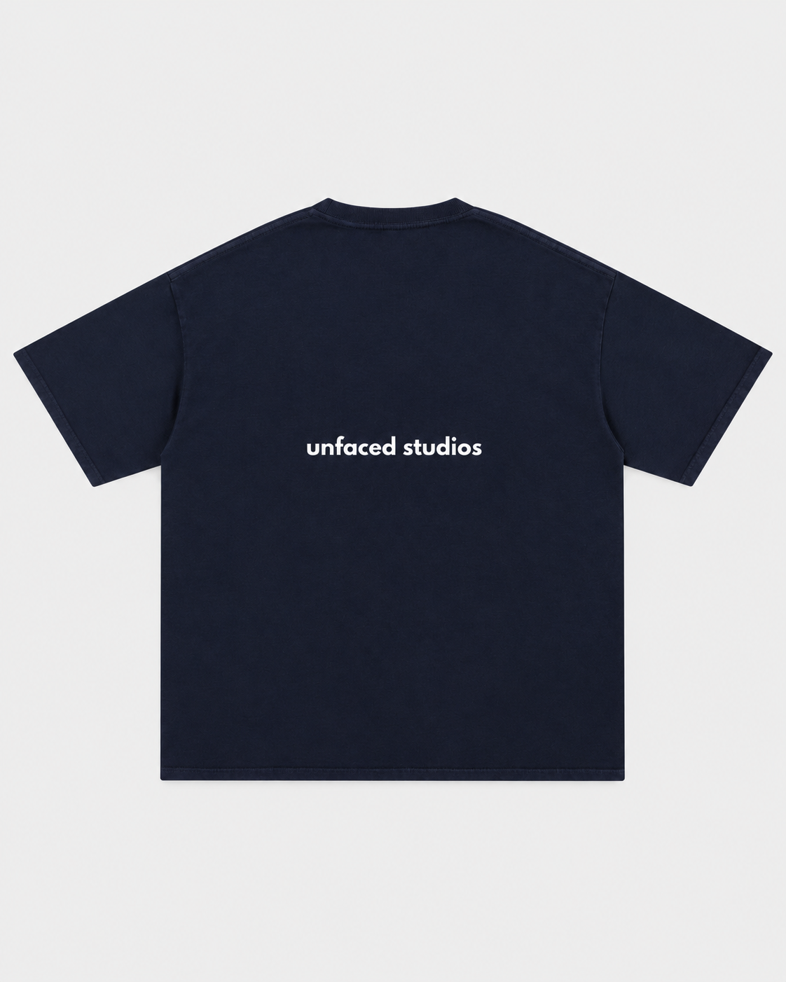 Unfaced Wordmark Tee — Navy, back on light grey