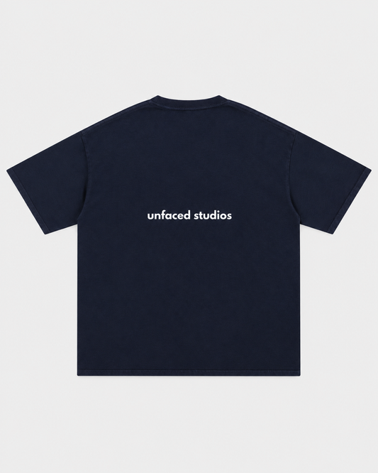 Unfaced Wordmark Tee — Navy, back on light grey