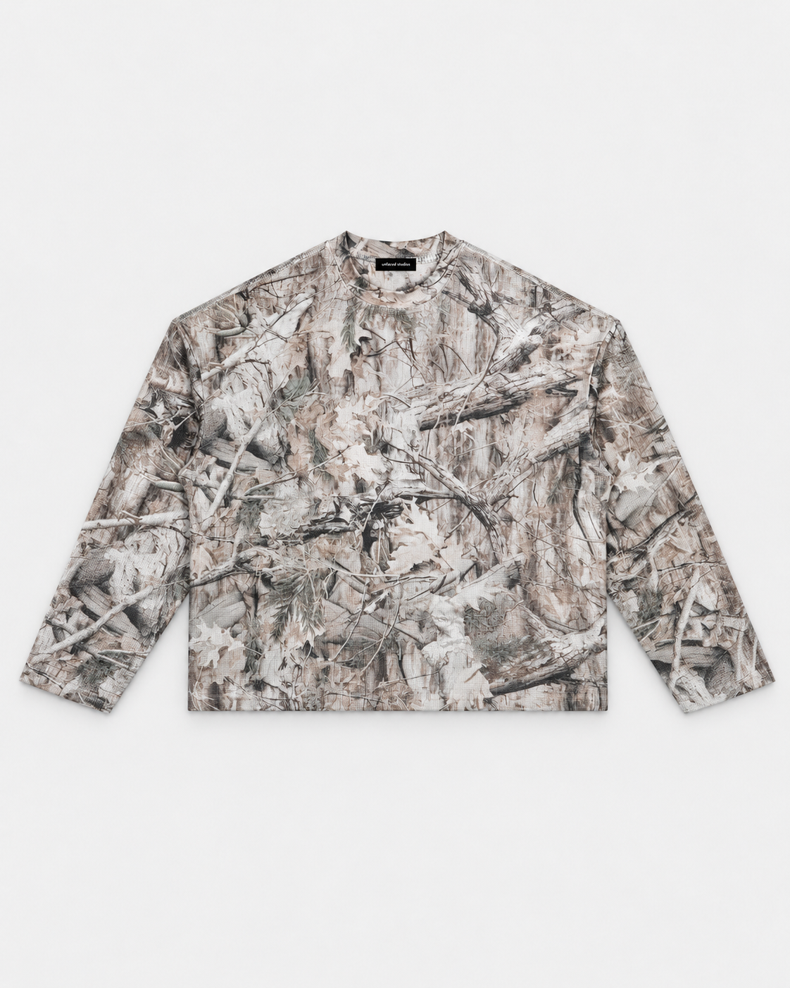 Unisex Tree Camo Waffle T-Shirt on light grey studio background